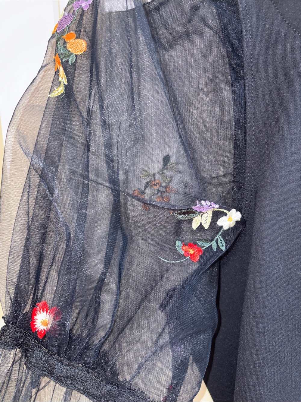 Maeve Navy Top with Sheer Embroidered Puff Sleeves Never Worn - Picture 5 of 6